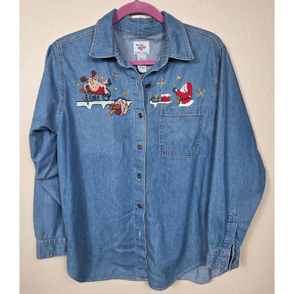 Vintage NutCracker Christmas Denim Shirt L Santa Reindeer Embroidered 90s